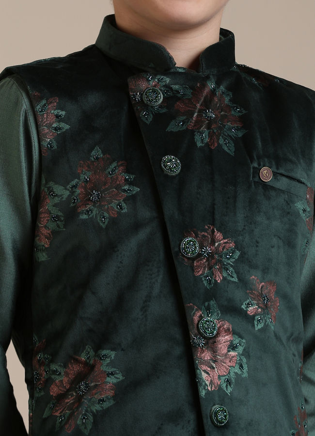 alt message - Manyavar Boys Boys Dark Green Floral Printed Angrakha Style Jacket Set image number 1